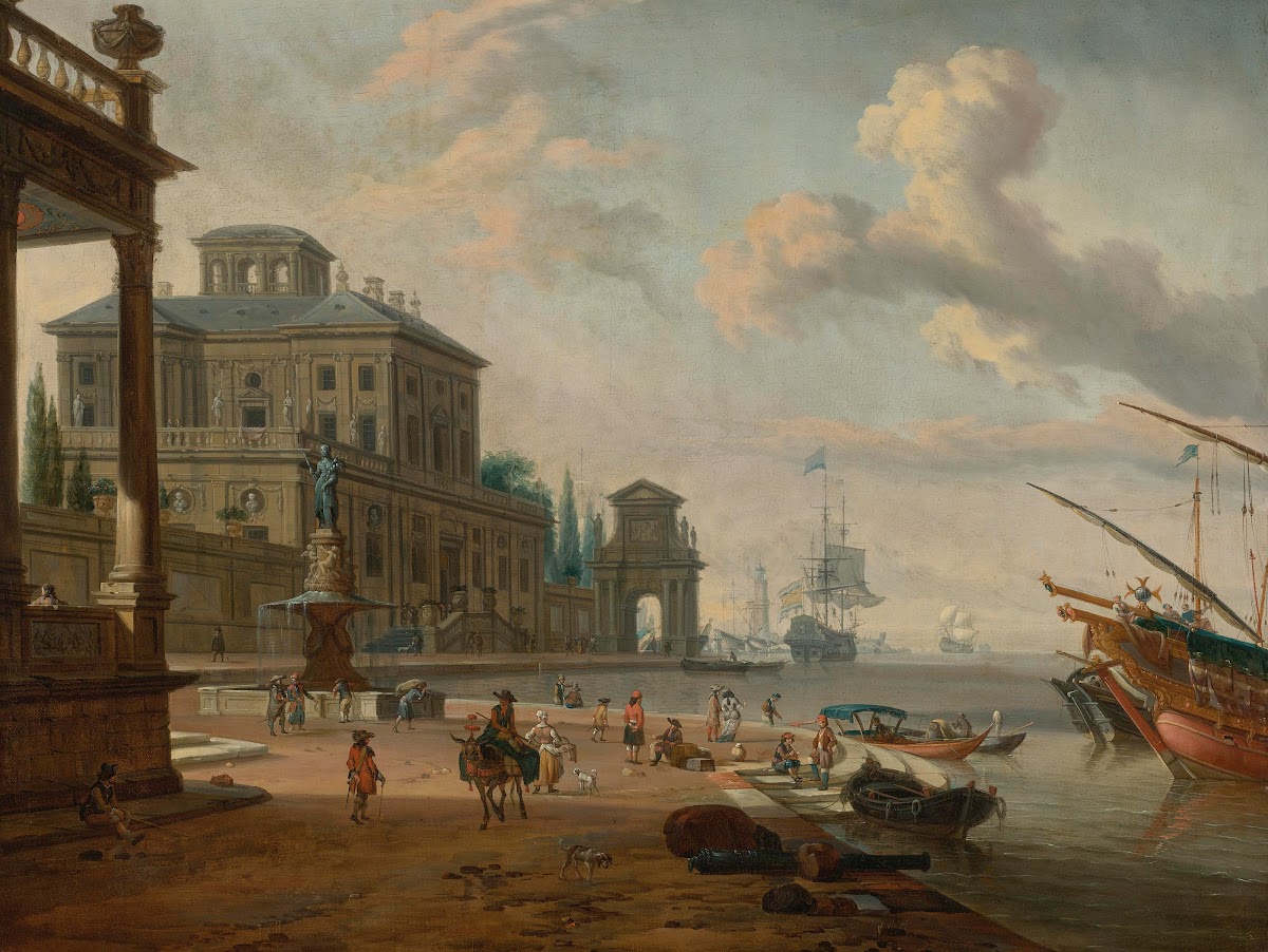 Italianate harbor scene with figures and animals in a grand architectural settin
