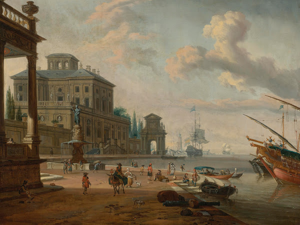 Italianate harbor scene with figures and animals in a grand architectural settin