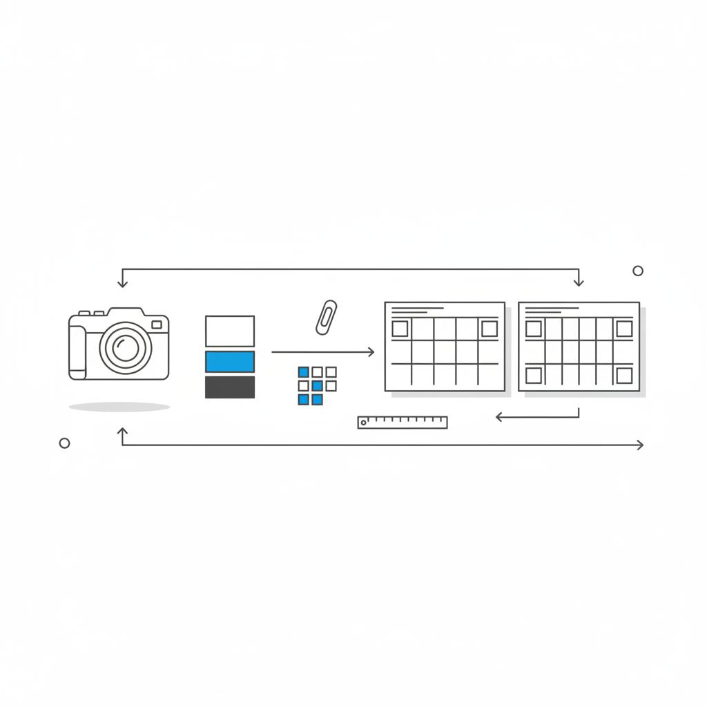 Minimal 2D vector workspace sketch showing a camera, stacked wood swatches with one swatch accented #1a5bfb, and printed portfolio grids on white background &mdash; Houzz advertising