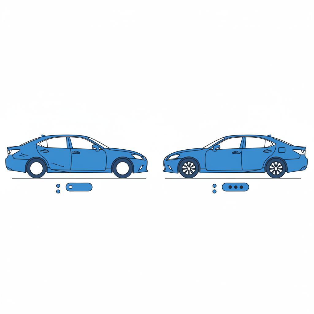 Minimalist 2D vector side by side comparison of two same model Lexus sedans with simple blue price tag shapes no text used lexus for sale