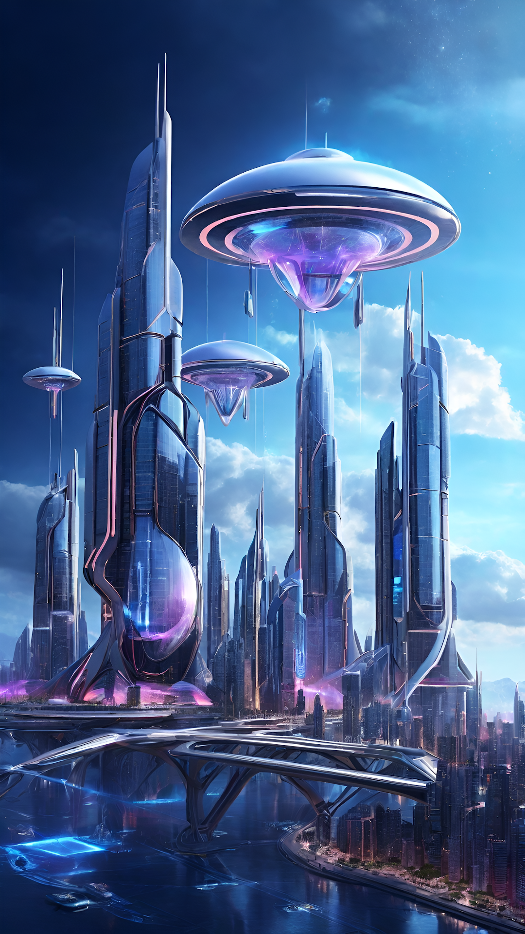 Futuristic City with Flying Saucers and Glass Skyscrapers - Free 4K mobile Wallpaper
