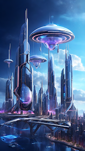 Futuristic City with Flying Saucers and Glass Skyscrapers