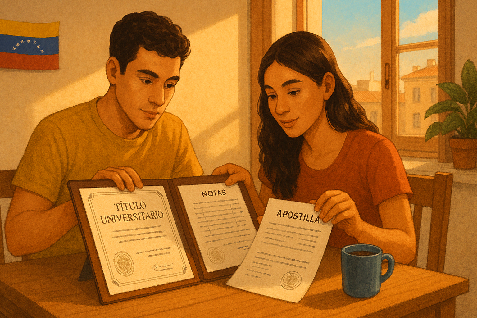 Venezolano preparando documentos de homologación en España con apostilla de La Haya