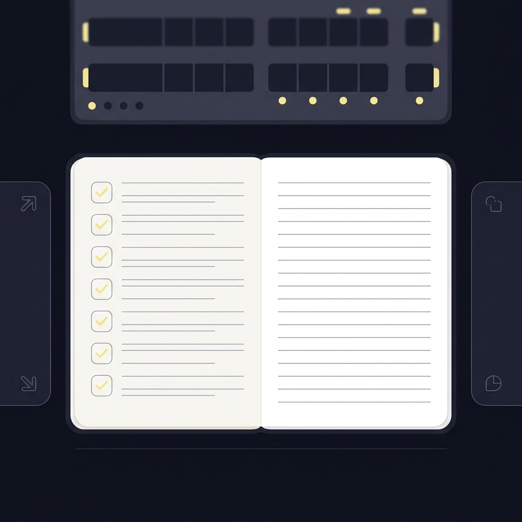 Top down minimalist vector of open notebook and checklist on a dark Funded Plays style desk with a modest soft focus scoreboard represented by geometric bars Market Timing for Favorites vs Underdogs