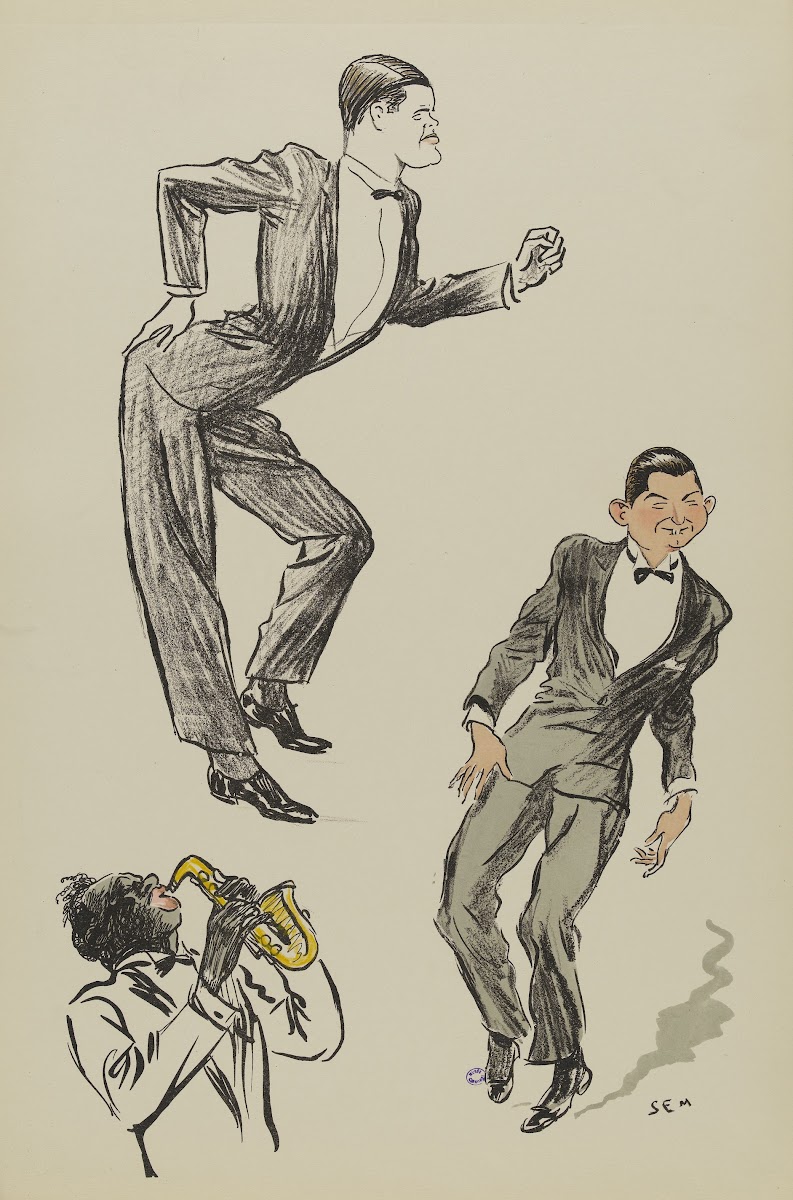 Deux personnages masculins dansant le charleston 1927