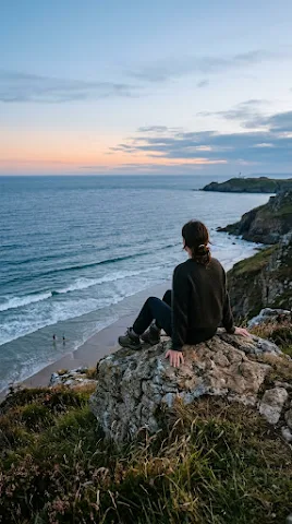 Woman on Coastal Cliff Watching Ocean Sunset