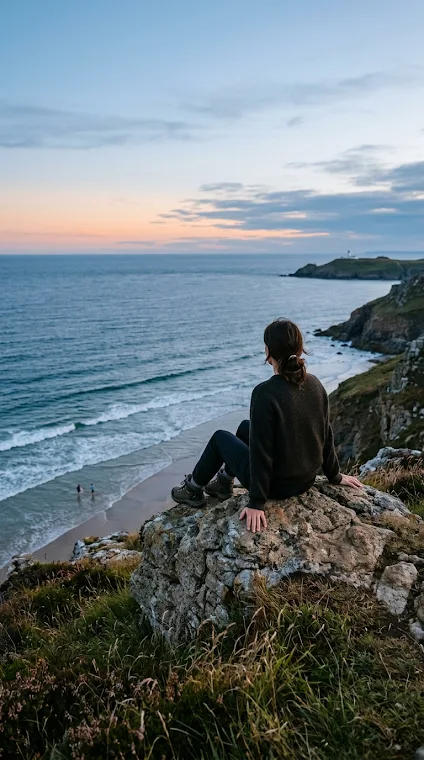 Woman on Coastal Cliff Watching Ocean Sunset