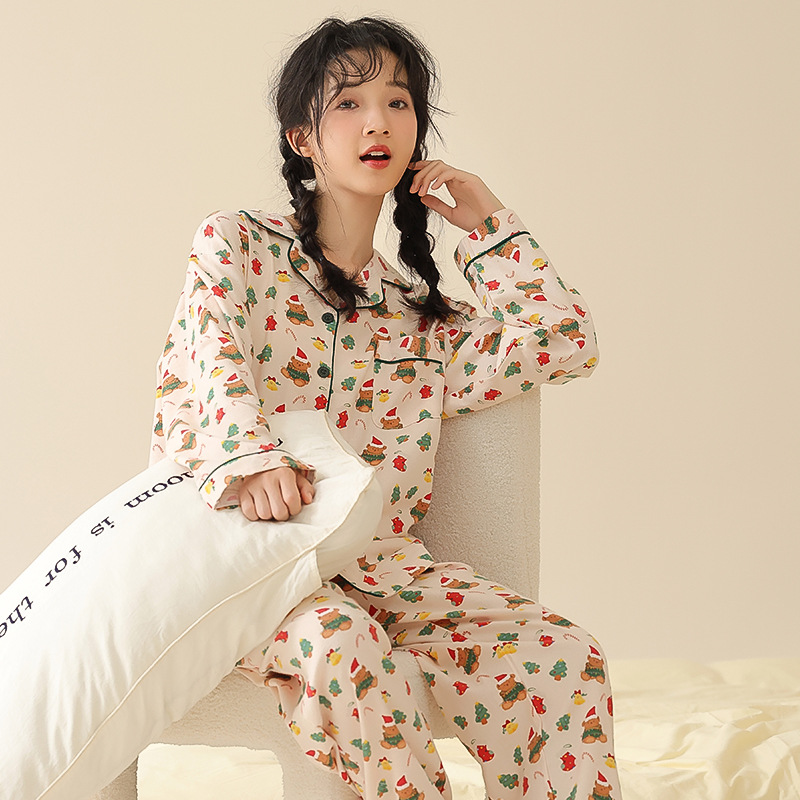 Women's cotton pajama set, long-sleeved, with lapel collar