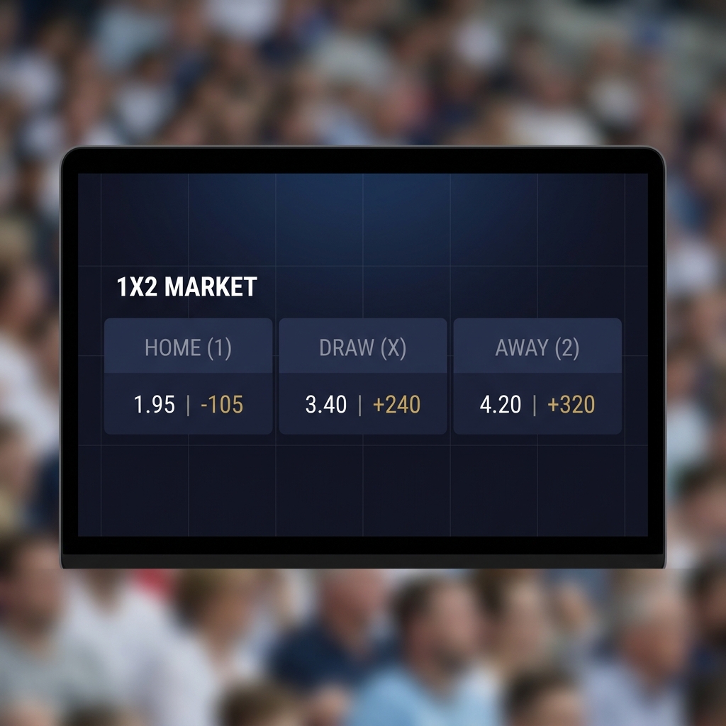Close up betting screen showing 1X2 market with decimal and American odds side by side and soft crowd background Understanding the Three-Way Moneyline
