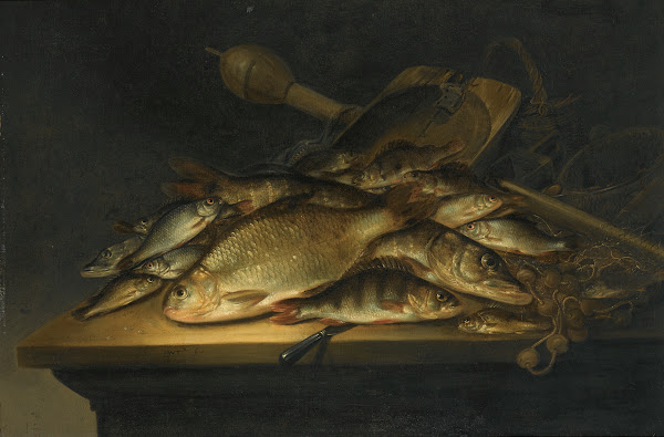 Still Life With Fish Nets Fishing Equipment And A Knife On A Table