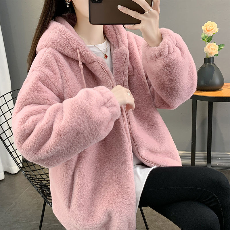 Lamb fleece coat with hood, mid-length