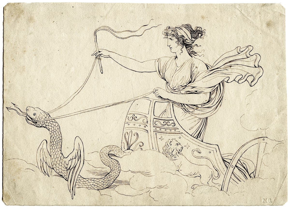 Woman in a chariot drawn by a winged snake