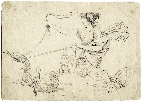 Woman in a chariot drawn by a winged snake