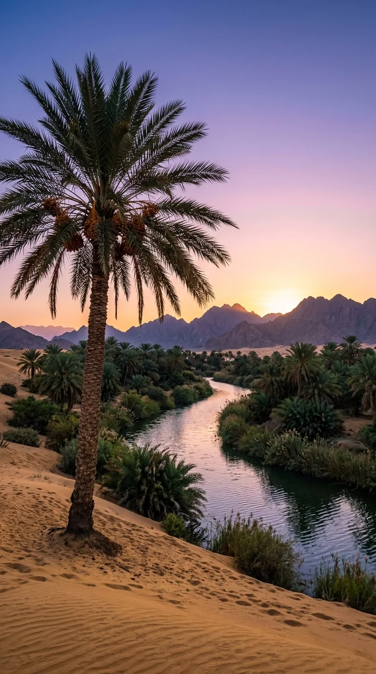 Misty Desert Oasis at Dawn with Winding River and Palm Trees - Free 4K mobile Wallpaper