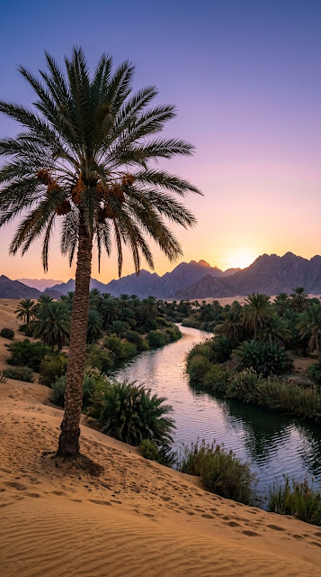 Misty Desert Oasis at Dawn with Winding River and Palm Trees - Free mobile Wallpaper
