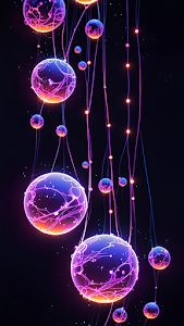 Neon Energy Orbs Hanging in Void, Abstract Purple Glow