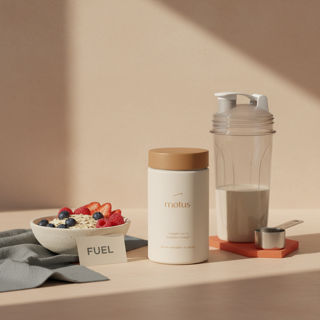 Minimal kitchen counter scene with Tonum supplement jar beside a half-made shake in a shaker, measuring scoop, and a bowl of rolled oats and berries — gainer protein