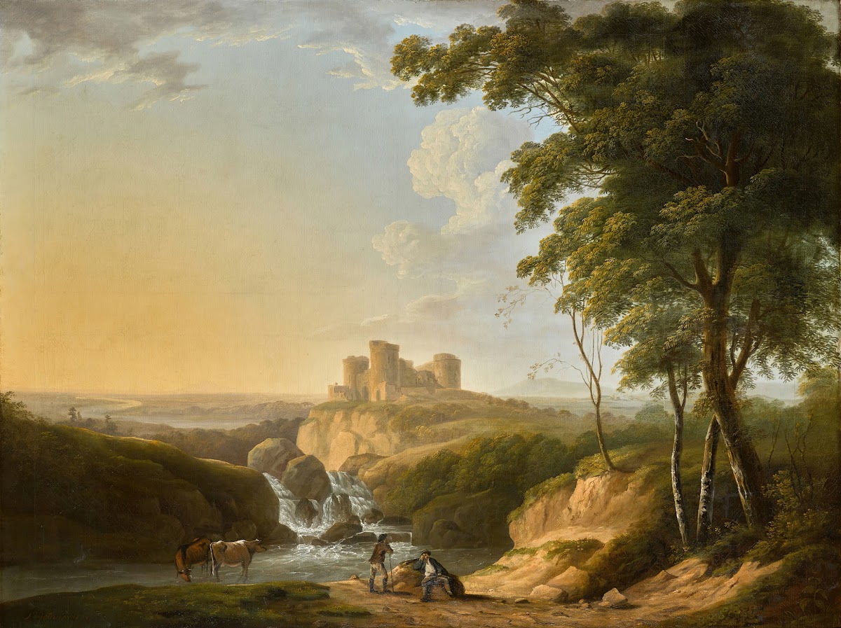 An extensive landscape with a view of Chepstow Castle on a hill beyond 1803