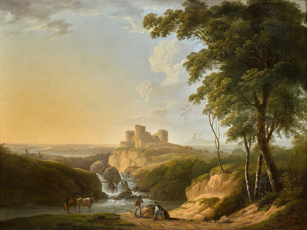 An extensive landscape with a view of Chepstow Castle on a hill beyond 1803