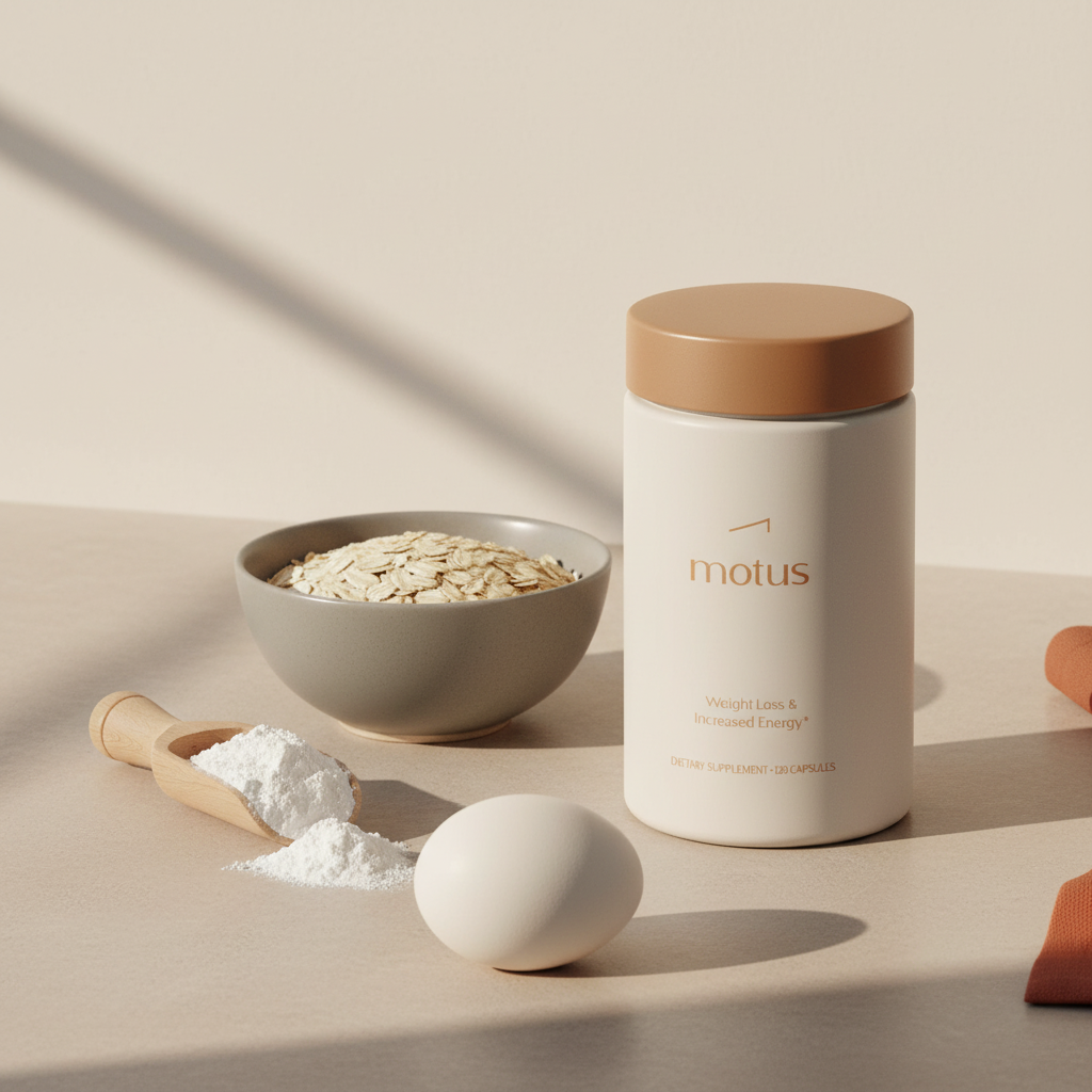Close-up morning countertop with Tonum Motus jar next to a scoop of protein powder, a small bowl of oats and an egg — best protein for belly fat loss