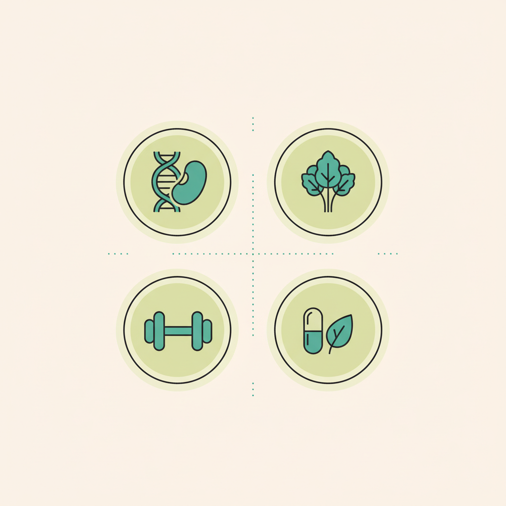Minimalistische 2D-Vektor-Infografik mit vier Icons (Protein, Gemüse, Krafttraining, Supplements) in Vegardians-Farben – vegan abnehmen