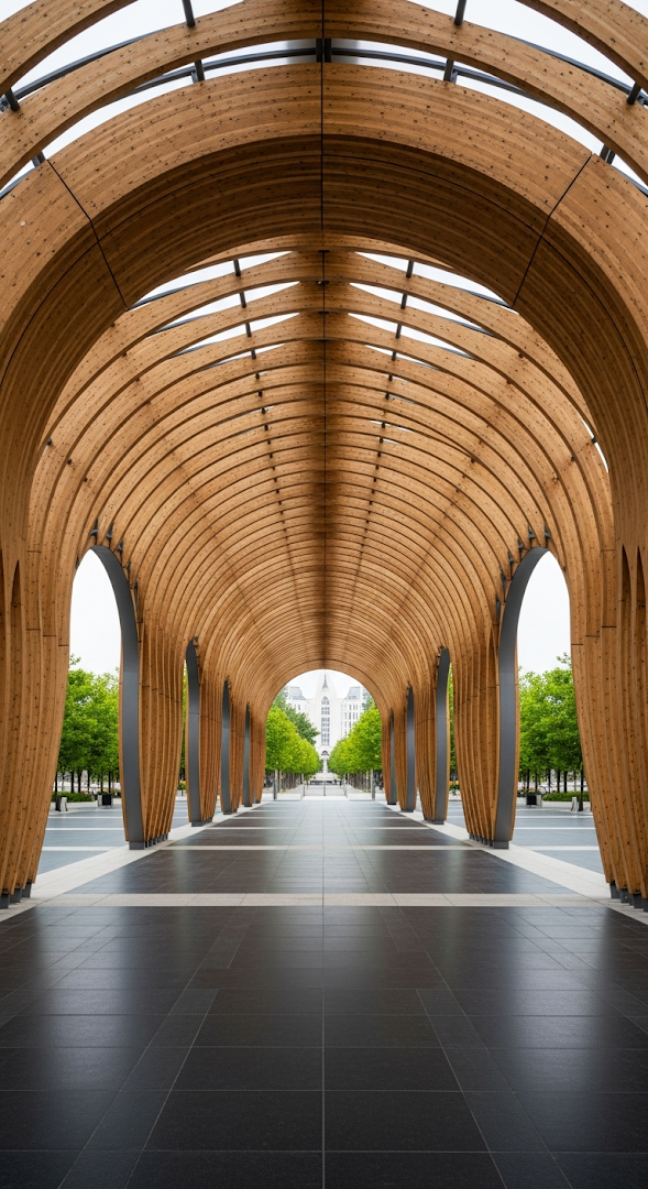 Curving Tunnel of Wavy Wooden Arches in an Urban Public Space