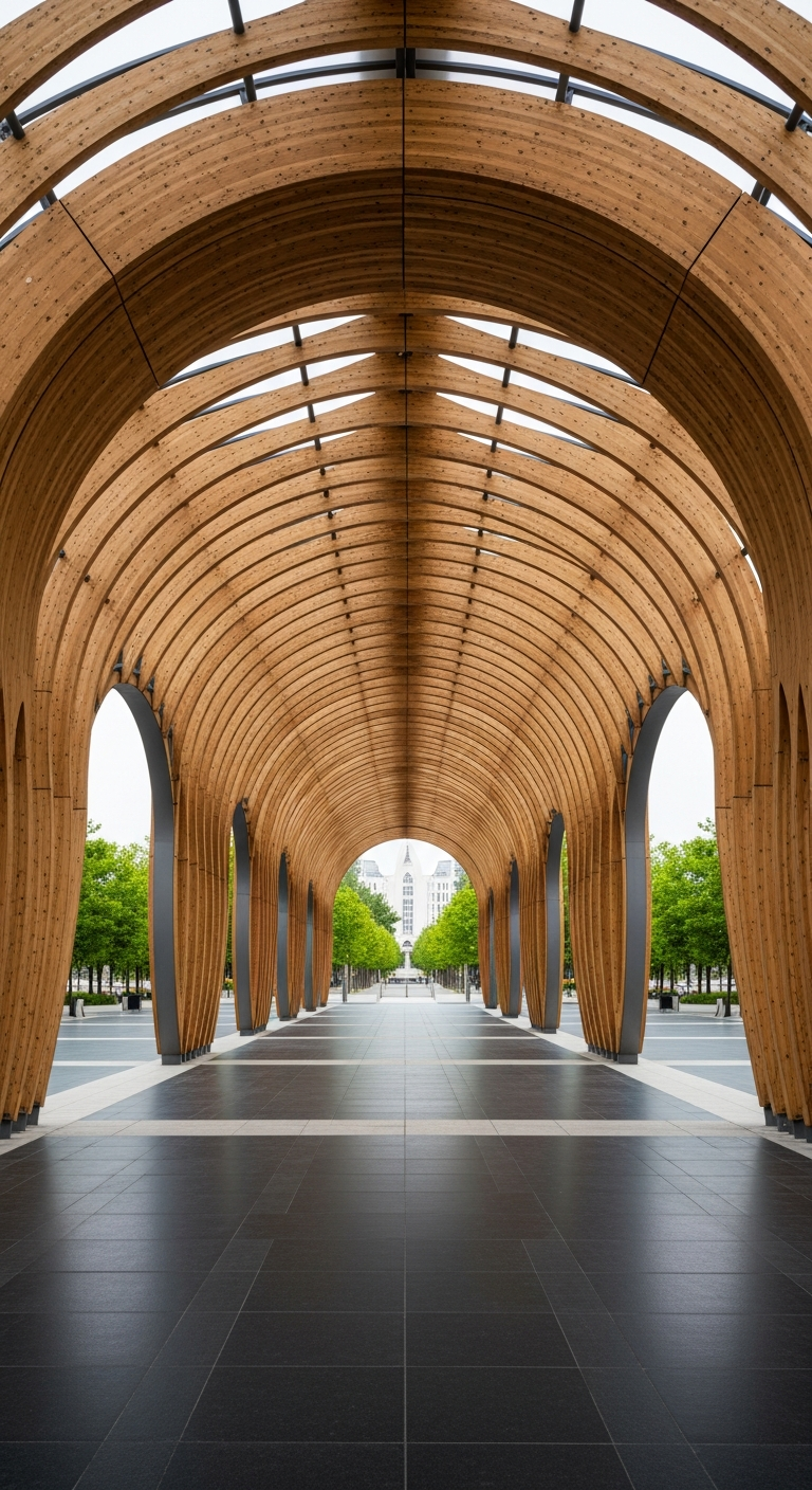 Curving Tunnel of Wavy Wooden Arches in an Urban Public Space - Free 4K mobile Wallpaper
