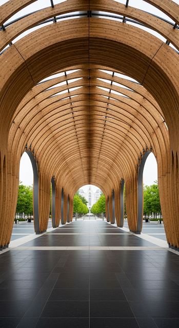 Curving Tunnel of Wavy Wooden Arches in an Urban Public Space - Free mobile Wallpaper