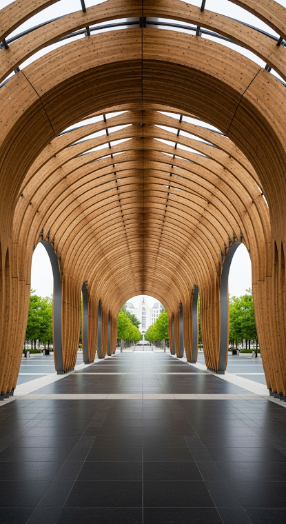 Wavy Wooden Arch Tunnel Walkway