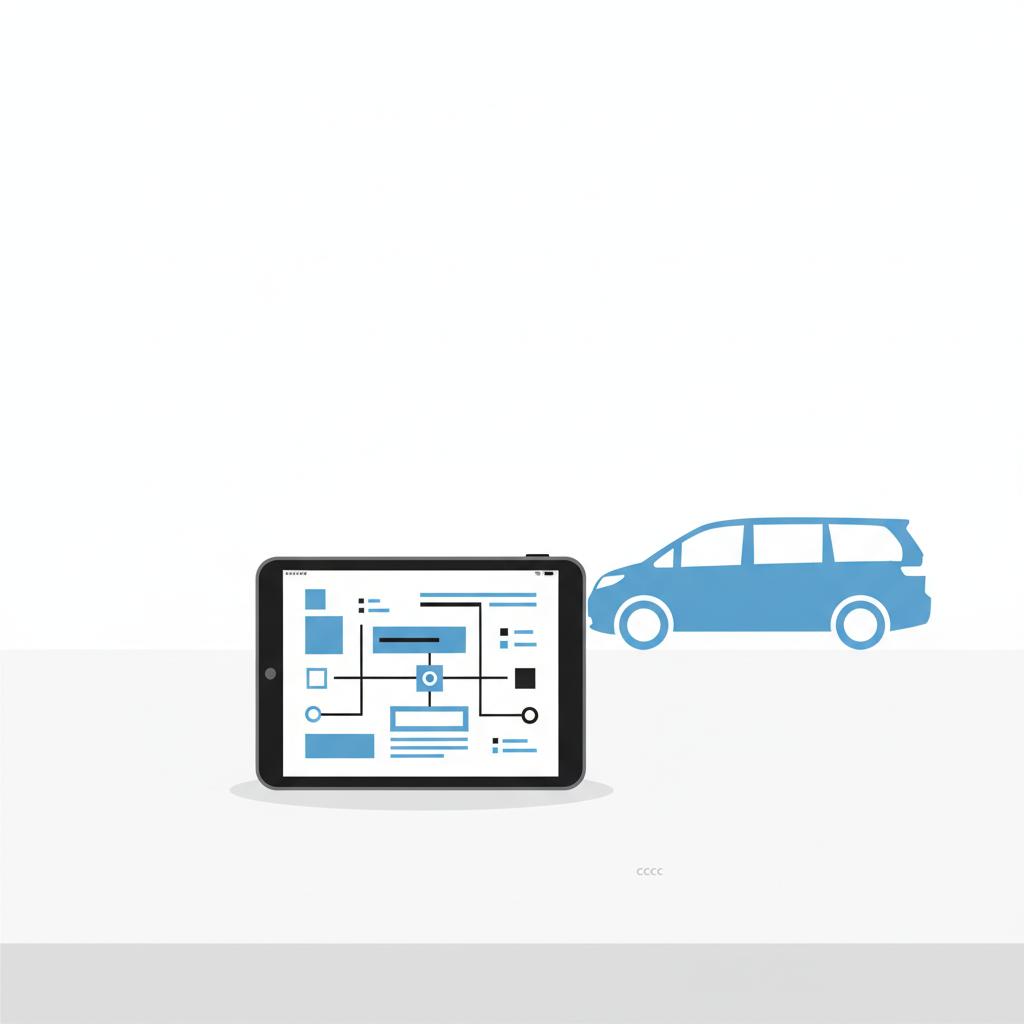 Minimalist 2D vector of a tablet on a dealership counter showing an abstract vehicle history report with a simplified Toyota Sienna silhouette in the background used toyota sienna for sale