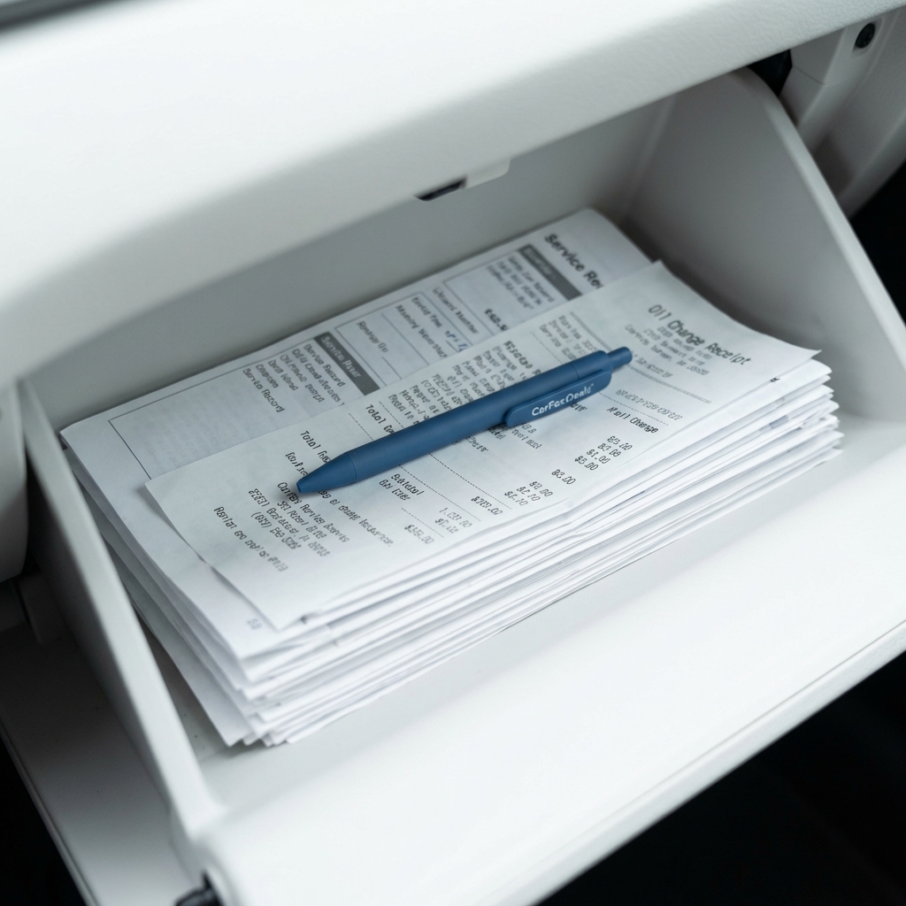 Close up of open glovebox with neatly stacked service records and oil change receipts showing good mileage for a used car small 3666ed accent pen on white background