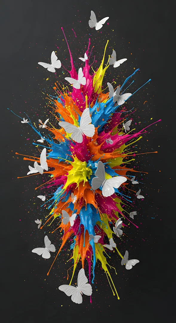 White Butterflies Flying from Explosive CMYK Paint Splash