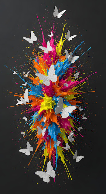 White Butterflies Flying from Explosive CMYK Paint Splash - Free mobile Wallpaper