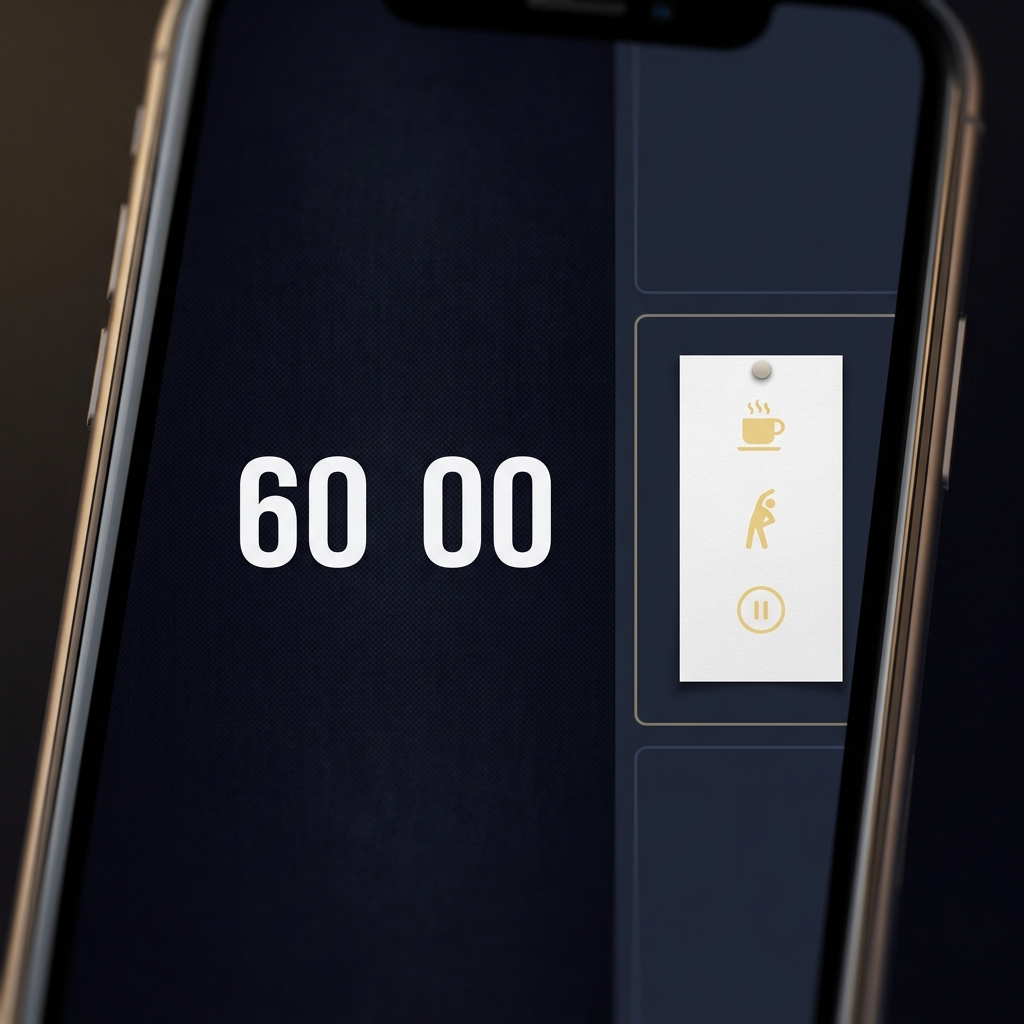 How to Set Time Limits for Sports Trading close up of a minimalist mobile timer app set to 60 minutes with icon notes for mandatory breaks on a dark Funded Plays branded background