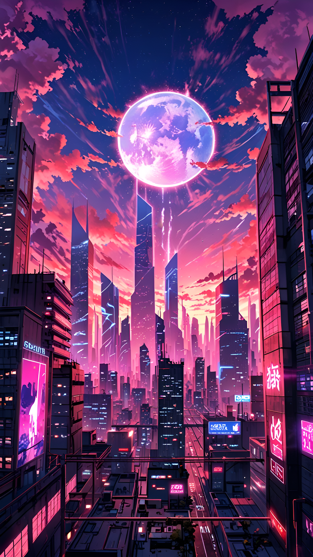 Synthwave City Skyline Pink Moon Neon Aesthetic - Free 4K mobile Wallpaper
