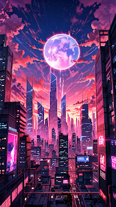 Synthwave City Skyline Pink Moon Neon Aesthetic