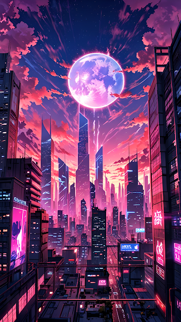 Synthwave City Skyline Pink Moon Neon Aesthetic - Free mobile Wallpaper