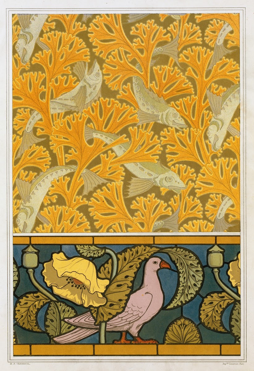Poisson et algues papier peint pigeon et pavots bordure de vitrail 1897