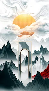Modern Ink Landscape with Geometric Arch and Gold Sun