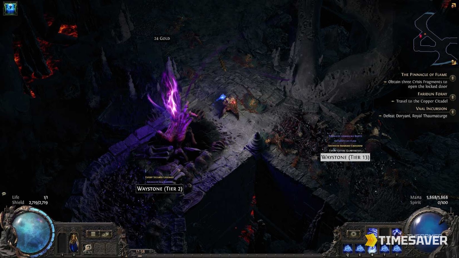 A Breach rift erupting in a PoE2 endgame map with Waystones and currency dropping