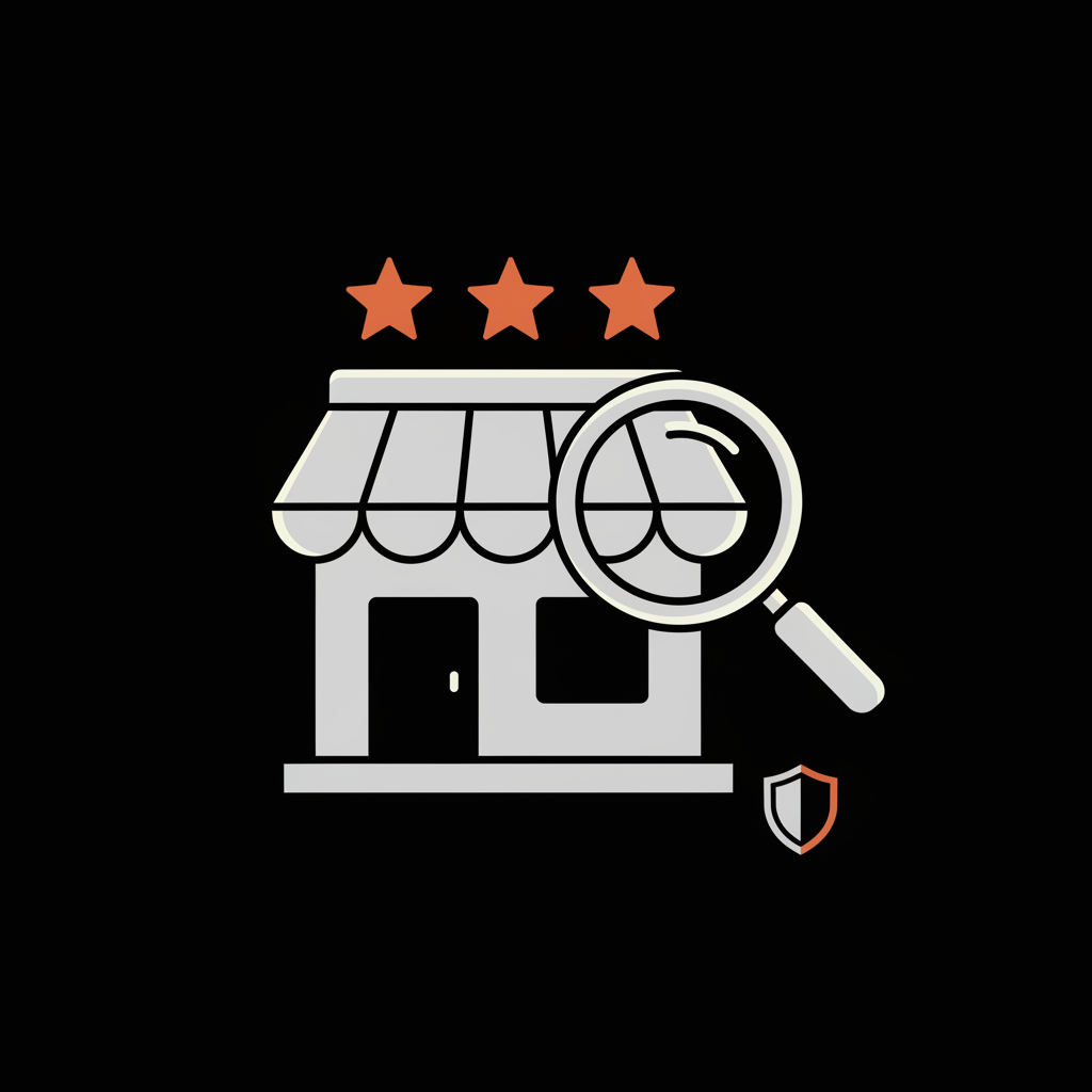 Minimal 2D vector storefront with three star review icons, magnifying glass overlay and small shield on a black background with orange accents — report Google review illustration.