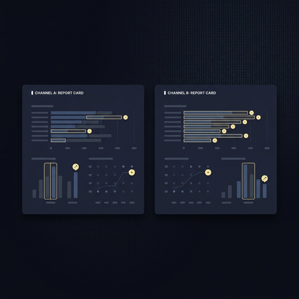 How to Interpret Account Performance Metrics side by side infographic of two channel report cards highlighting attribution window differences and conversion count changes in Funded Plays color palette