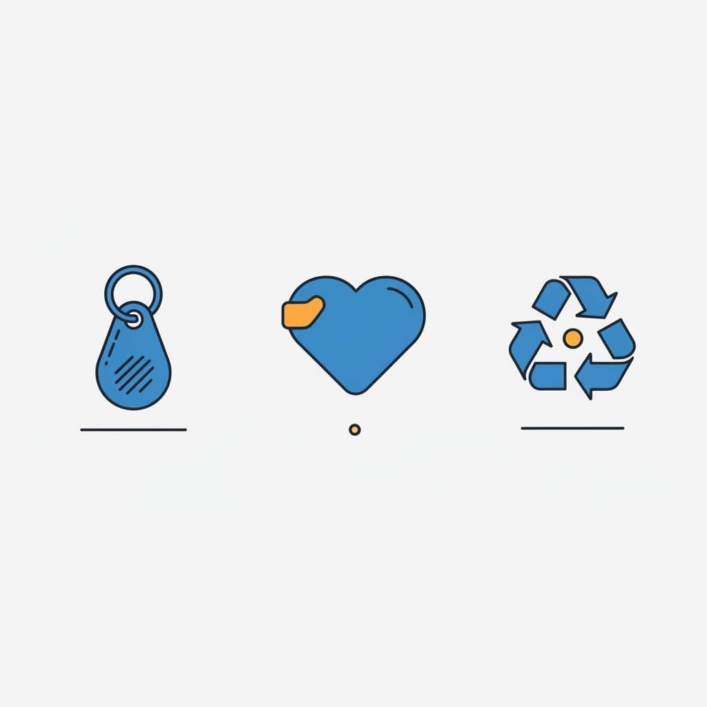 Minimalistische 2D-Vektor-Infografik mit drei Icons (Schlüsselanhänger, Herz, Recycling) in Steelmonks-Farben für weihnachtsgeschenke ideen