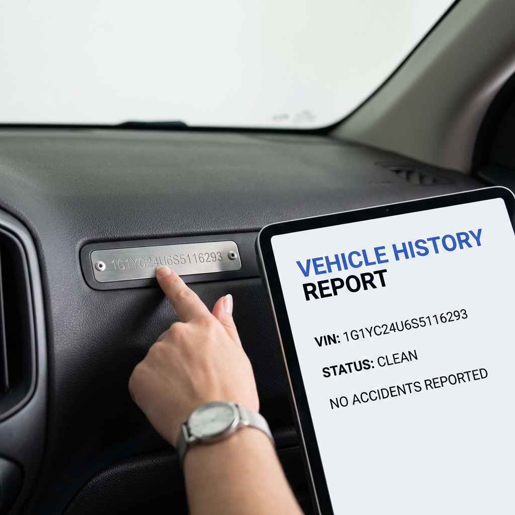 Close up of a vehicle history report and VIN plate on dashboard with a hand pointing at the VIN chevy malibu for sale