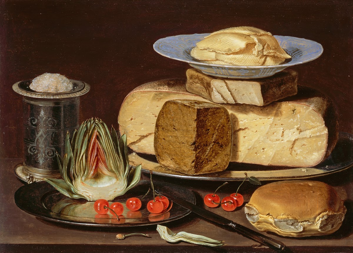 Still Life with Cheeses Artichoke and Cherries circa 1625