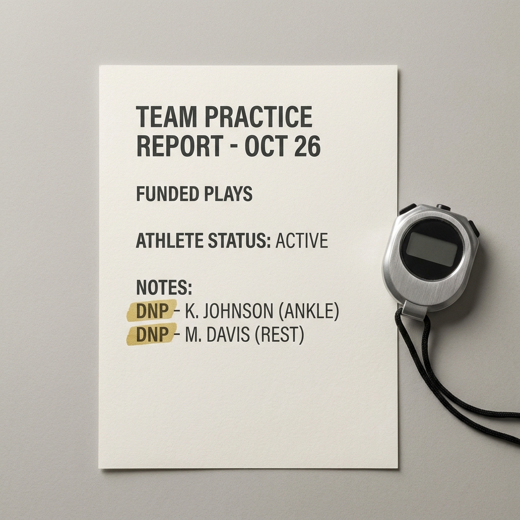 How Late-Season Motivation Changes NFL Prices close up of a team practice report sheet with highlighted DNP notes and a stopwatch on a minimal dark studio table in Funded Plays brand colors