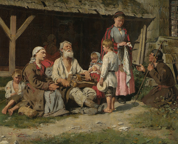 Genre scene  a hurdy gurdy player in front of a cottage 1887