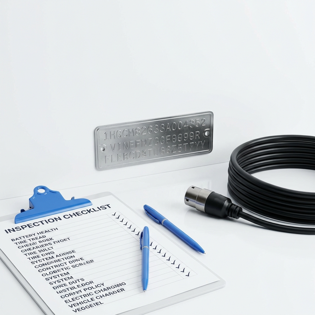 Close up of VIN plate and inspection checklist on clipboard next to EV charging cable minimalist white background showing tesla for sale details