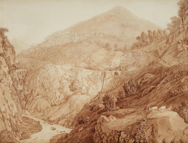 Blick auf Capistrello und den emissario di Claudio 1793