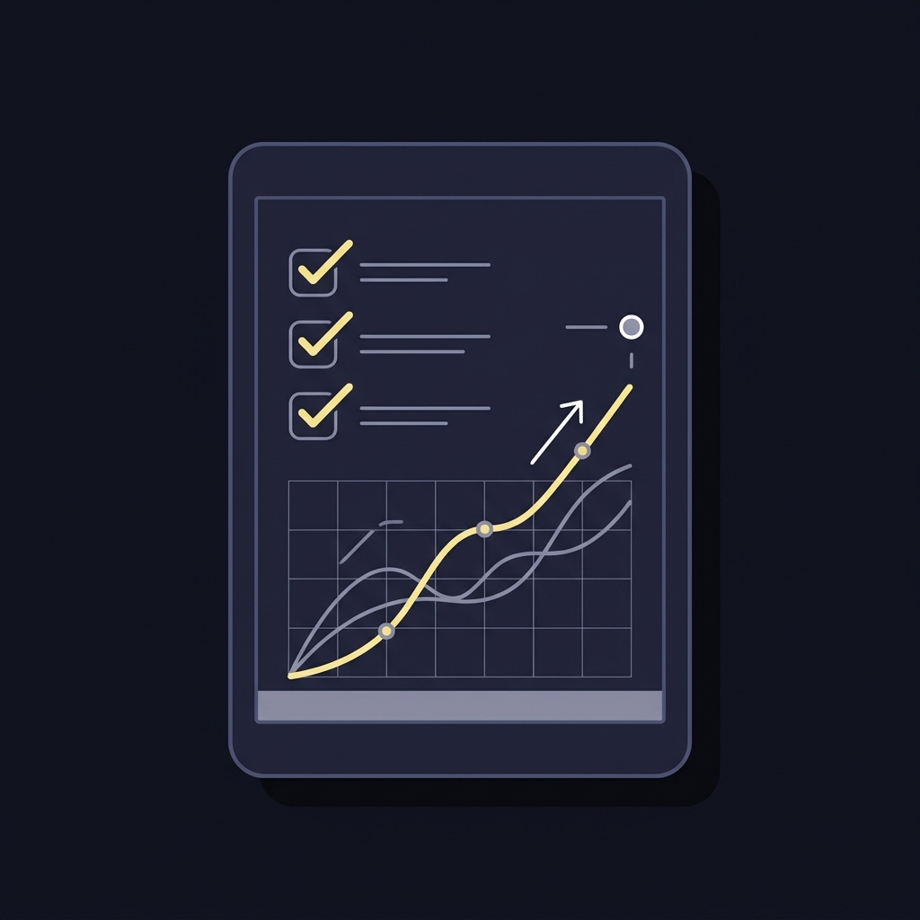 Minimal 2D vector tablet illustration showing a checklist and line chart with highlighted trend in Funded Plays colors bengals odds to win super bowl